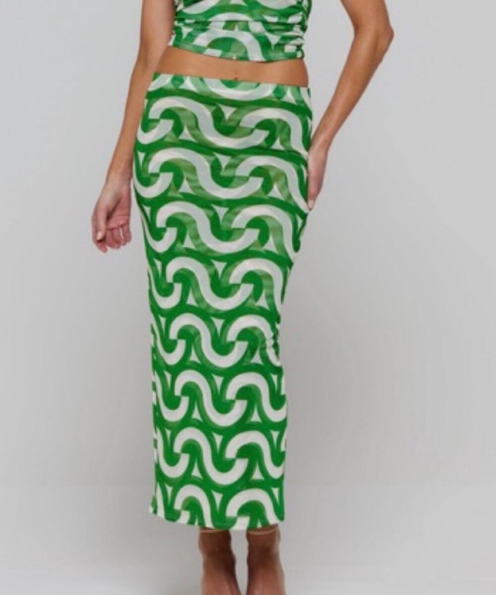 RESA Green & White Wavy Print Midi Skirt